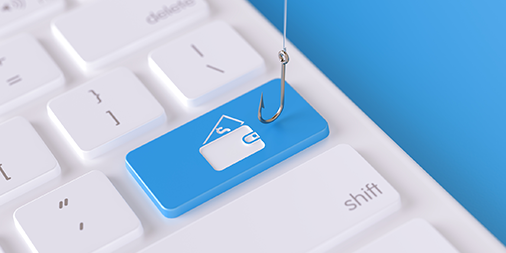 Fishing hook hanging over a blue keyboard button with digital wallet icon 