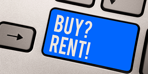 Blue text keywboard button showing Buy! Rent?