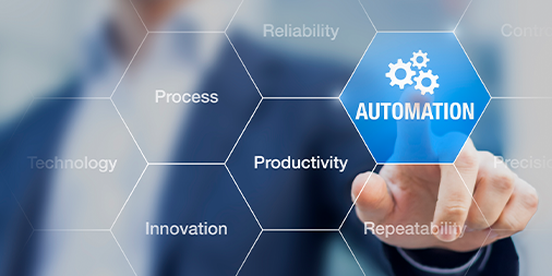 Businessman touching automation button in business automation concept.
