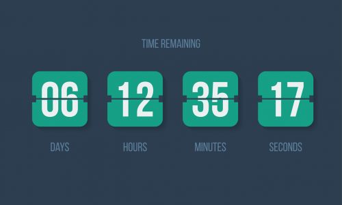 Flip countdown clock counter timer. Vector time remaining count down flip board with scoreboard of day, hour, minutes and seconds for web page upcoming event template design, under construction page.