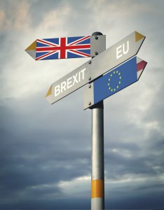 Signpost with various directions to EU and Britain illustrating Brexit procedure