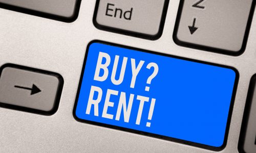 Blue text keywboard button showing Buy! Rent?