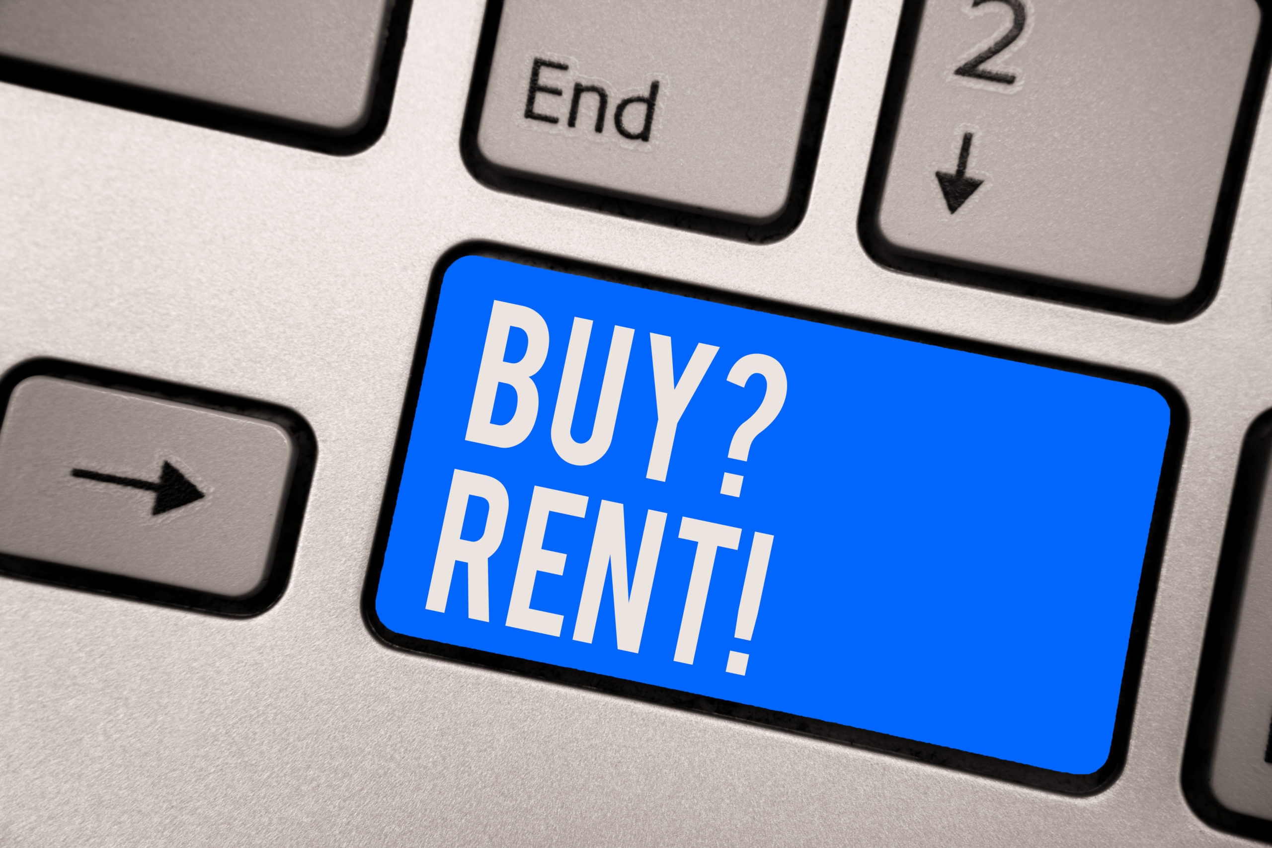 Blue text keywboard button showing Buy! Rent?