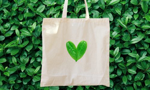 Blank white mockup linen cotton tote bag on green bush trees foliage background. Heart logo from leaves. Nature friendly style. Environmental conservation recycling plastic free