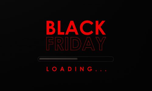 Loading bar with red Black Friday text on black background. Horizontal composition with copy space.