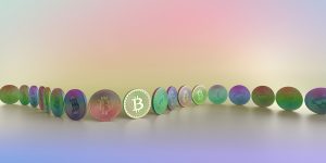 A pastel toned, multi-coloured image of two toned generic coin with Bitcoin symbol, arranged in a row, or chain along a curve against a multi coloured background. Denotes concept of block-chain and crypto-currency. With lots of copy space.