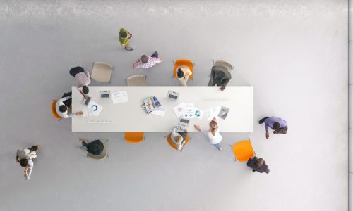 Overhead view of a group of people working in the office. All elements in the scene are 3D