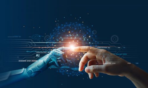 AI, Machine learning, Hands of robot and human touching on big data network connection background, Science and artificial intelligence technology, innovation and futuristic.