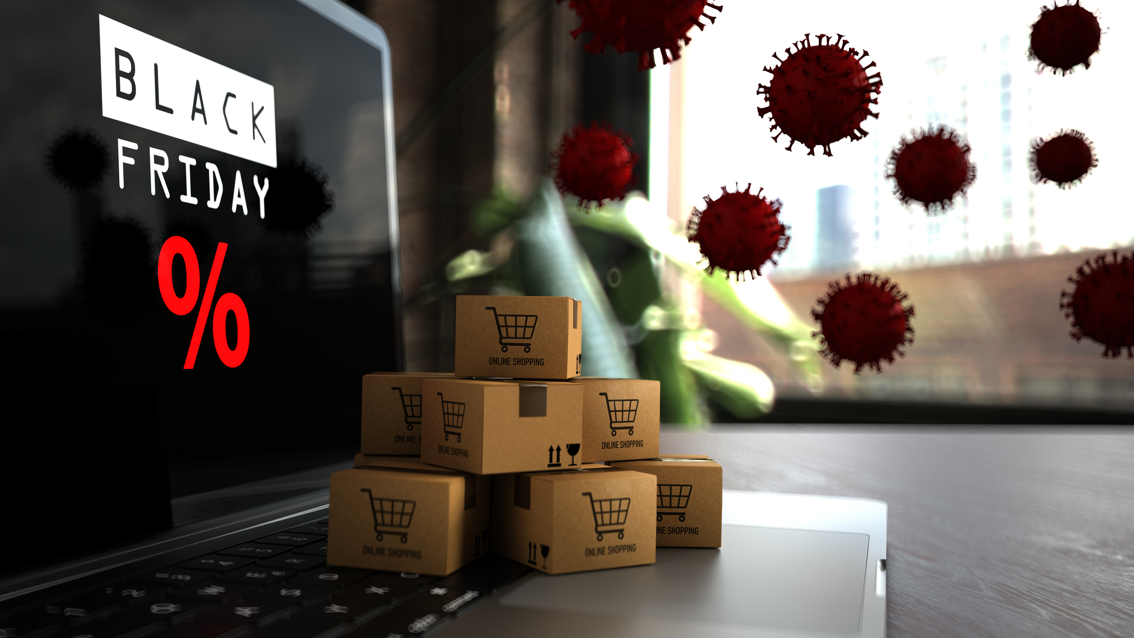 Online shopping during Black Friday in times of Coronavirus. 3d illustration.