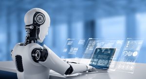 Robot using laptop and sat at table with holographic screen using AI