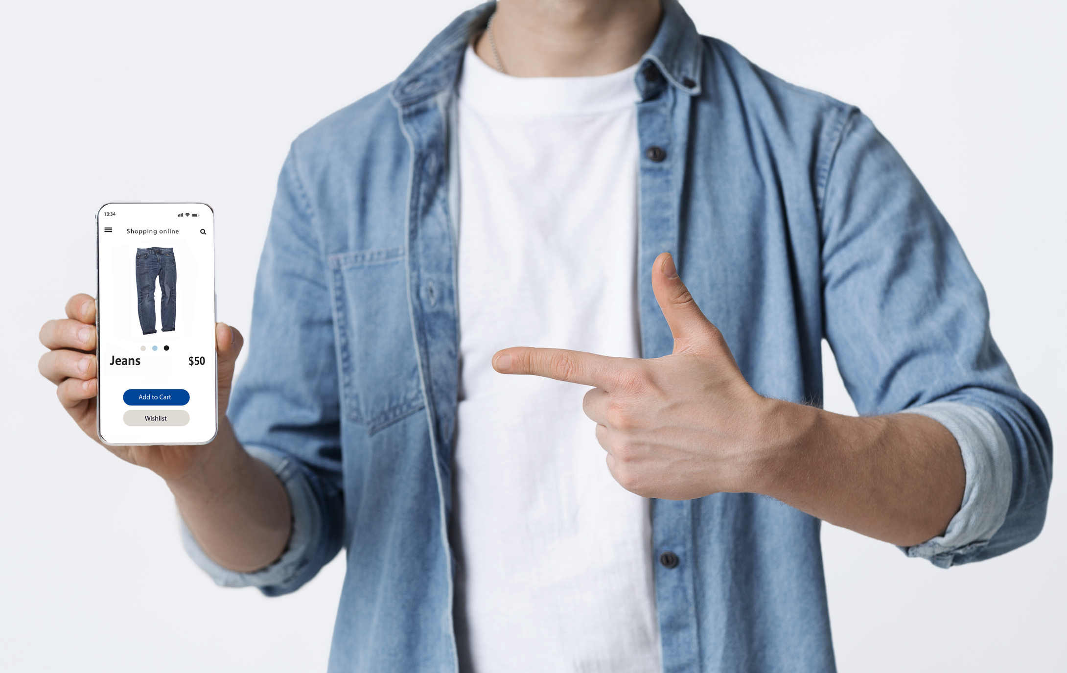 Mobile Shopping App For Customers. Closeup of casual young man holding and pointing at smartphone with clothes shop website, ordering via internet. Fashion, Style, Retail And Purchase