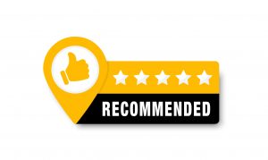 Recommend icon with thumb up. Best brend. Emblem with five stars and geolocation icon. Recommendation tag. Good advice. Modern recommend badge. Vector