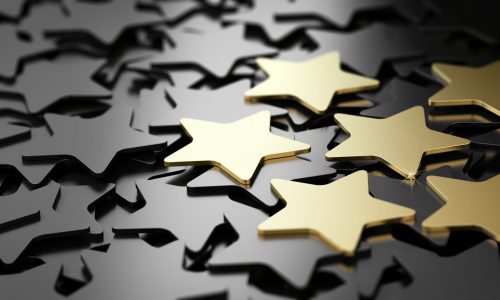 Six golden stars over black background. 3D illustration of high quality customer service