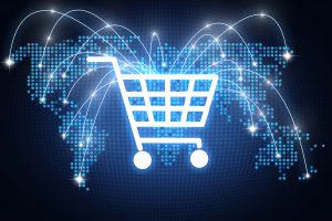Shopping cart icon with lines pointing on different places around the globe, online shopping concept